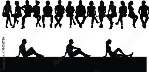 Flat vector silhouettes of people sitting in rows on chairs, group dynamics, social spacing, community versus isolation, posture design illustration