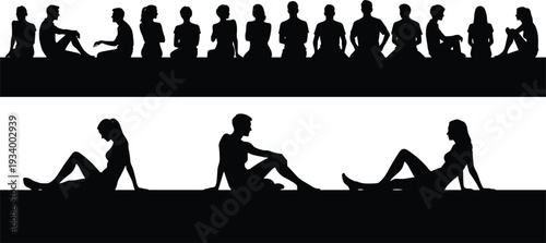 Flat vector silhouettes of people sitting on platforms, group dynamics, social interaction, isolation concept, human posture, design illustration reference