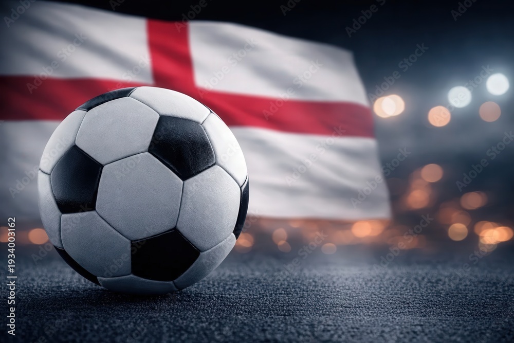 Naklejka premium Soccer Ball with England Flag in Stadium Lights