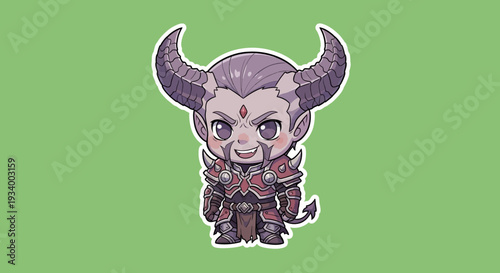 A cartoon demon character with horns and red markings standing against a green background illustration