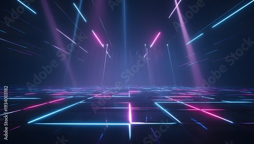 Futuristic stage with glowing grid floor and diagonal neon light beams creating immersive virtual reality environment for digital performance and electronic music background visualization