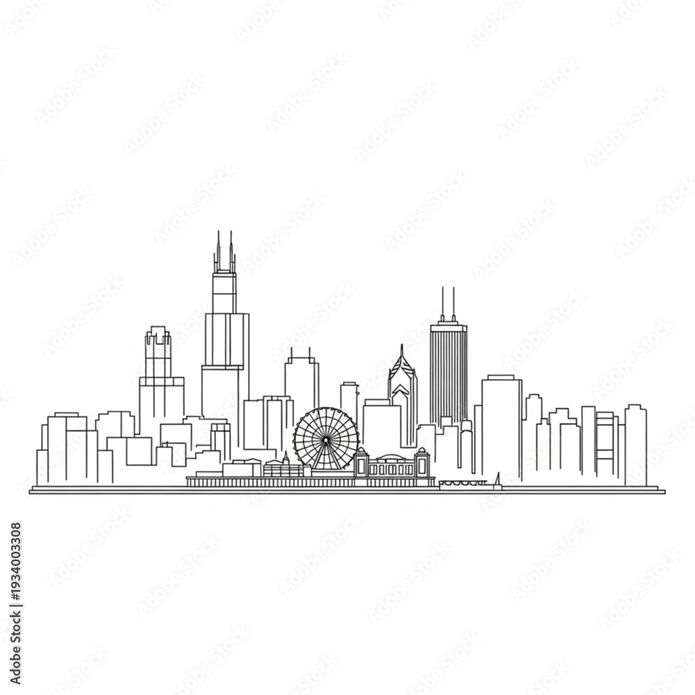 Obraz premium A minimalist vector illustration of a city skyline with a Ferris wheel and skyscrapers