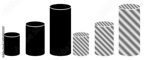Abstract cylinders of varying heights and patterns representing growth and data visualization.