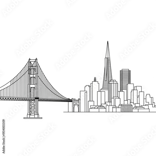 A black and white line art illustration of the San Francisco skyline with the Golden Gate Bridge