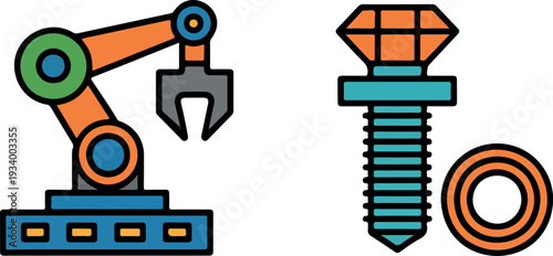 Industrial robot arm in a workshop setting, picking up hardware parts while surrounded by tools and machinery under daylight