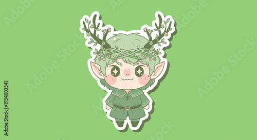 A cartoon character with green hair and antlers standing in a green environment from a front viewpoint as an illustration