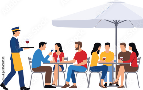 Flat vector silhouettes of waiter serving drinks to group of people at outdoor café table, social interaction, leisure dining illustration
