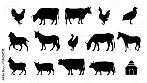 A comprehensive set of black farm animal silhouettes, featuring various livestock such as cows, sheep, chickens, and horses, ideal for agricultural designs and country-themed projects