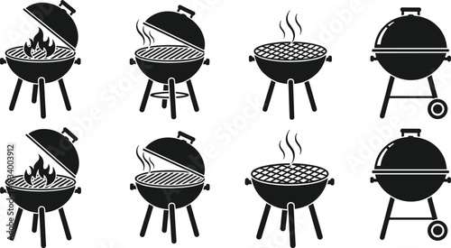 Set Of Barbecue Grills With Open And Closed Lids And Flames Keywords: barbecue, grill, BQ, cooking, food, outdoor, summer