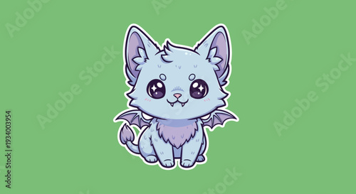 A cartoon cat with dragon wings sitting on a green background viewed from the front