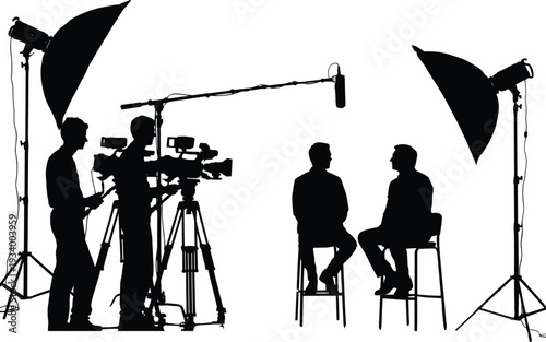 Flat vector, of a film crew with cameras and lights filming an interview with two men isolated on white background (20 words)