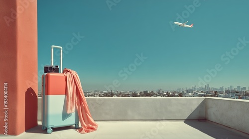 A suitcase on the rooftop, an airplane flying in the sky, city skyline view, a travel camera, a scarf flowing gently, stylish editorial travel campaign. 