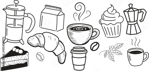 Hand drawn black and white collection of various coffee and dessert items