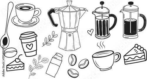 Hand drawn black and white collection of various coffee and dessert items