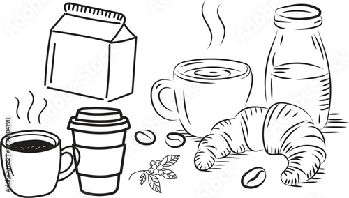 Line drawing of coffee, milk, and croissant for a morning breakfast.