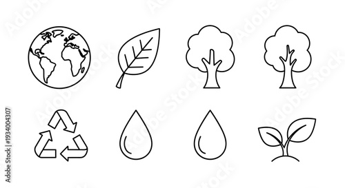 Set of 8 Outline Environment and Nature Icons Vector isolated on White Background
