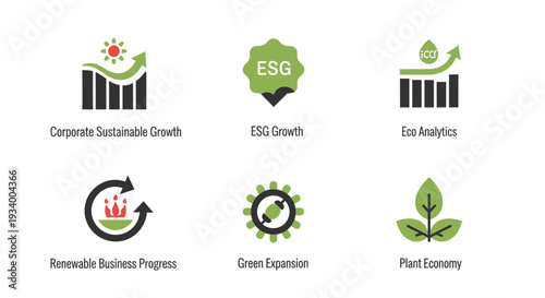 Set of 6 Green Business and ESG Growth Icons Vector isolated on White Background