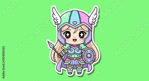 Cartoon female warrior with sword and shield standing in a fantasy scene