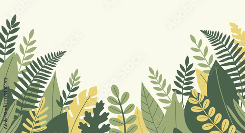 Green and Yellow Tropical Leaves Vector Border Illustration isolated on White Background