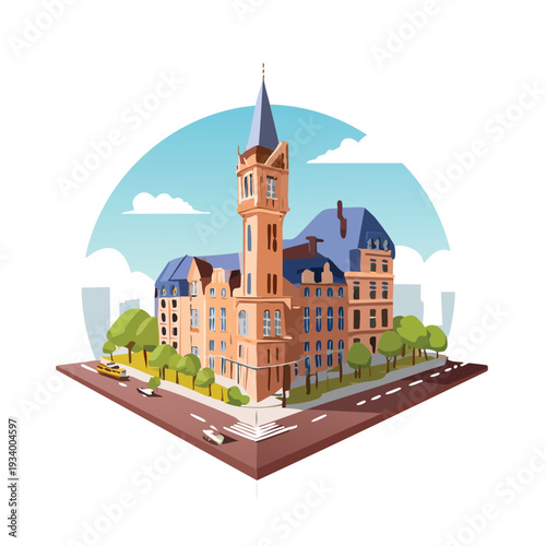 Isometric illustration of a historic building on a street corner