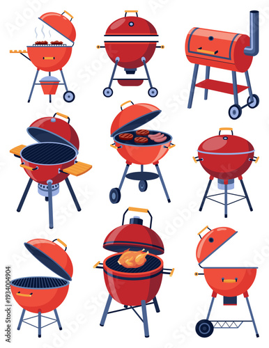 Red barbecues bundle with accessories. Assorted styles of charcoal grills on plain background. Red barbecue grill set with open lids and modern design features