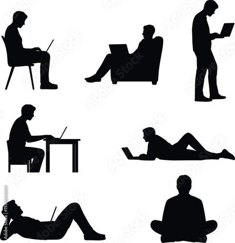 Silhouettes of men working remotely on laptops, featuring various seated, standing, and reclining postures, freelance and digital nomad