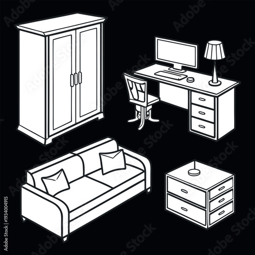 Furniture Icons Set Vector Illustration for Home and Office Interior Design.