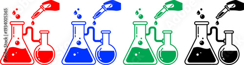 Chemistry laboratory equipment icons in red blue green and black on transparent background beaker flask