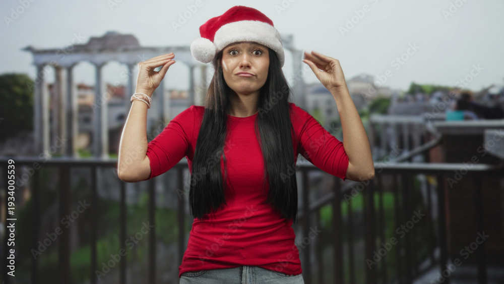 Fototapeta premium Woman wearing santa hat and red shirt raising hands by head on balcony of an old building; holiday frustration.