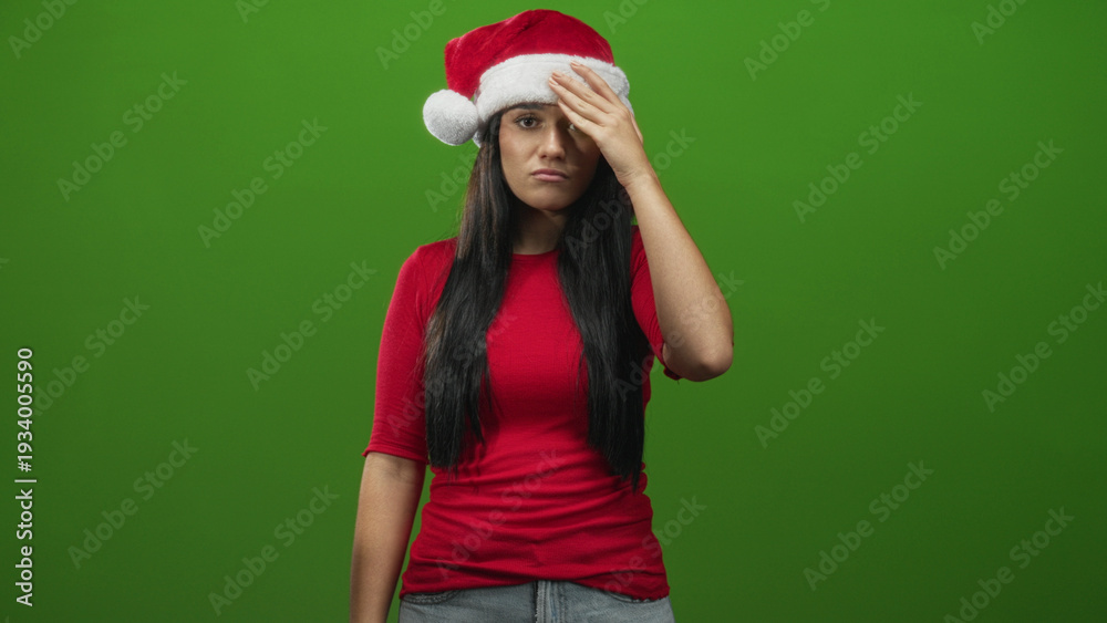 Fototapeta premium Young hispanic woman wearing a santa hat and red shirt covers one eye with her hand, long dark hair visible, standing in a green studio; holiday frustration.