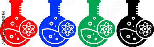 A set of four colorful science flasks with atom symbols on a transparent checkered background