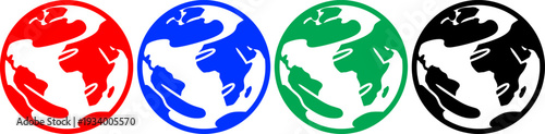 A set of four colorful earth globe icons with continents on a transparent checkered background