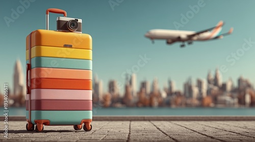 A suitcase on the rooftop, an airplane flying in the sky, a city skyline view, a travel camera, a stylish editorial travel campaign look.
