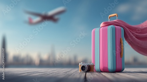 A suitcase on the rooftop, an airplane flying in the sky, city skyline view, a travel camera, a scarf flowing gently, stylish editorial travel campaign. 