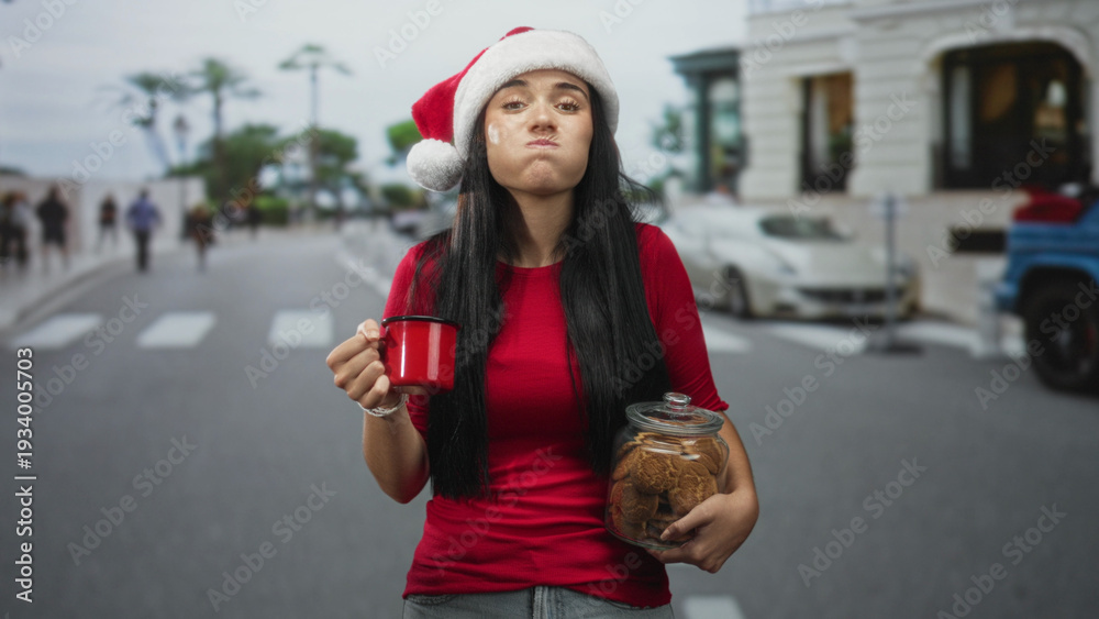 Fototapeta premium Woman in santa hat holding red mug and cookie jar on a street crosswalk, smiling and offering cookies; holiday joy.