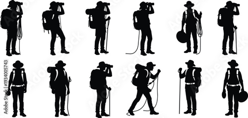 Silhouettes of hikers and tourists with backpacks, hiking poles, and binoculars, enjoying outdoor adventure, travel, and trekking in nature