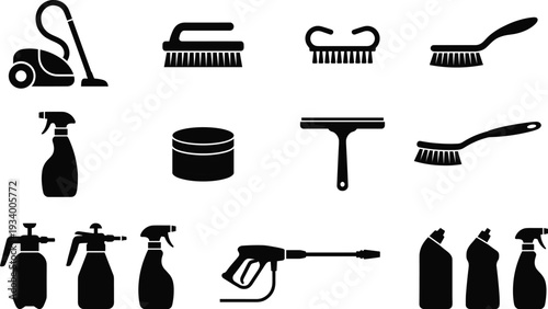 Collection of cleaning tool silhouettes including vacuum, brushes, spray bottles, squeegee, pump sprayers, and pressure washer icons representing household, automotive, and industrial cleaning equipm