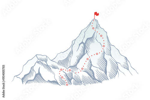 Mountain climbing route to top rock with red flag on peak. Business journey path in progress, way to success or concept of goal. Vector illustration