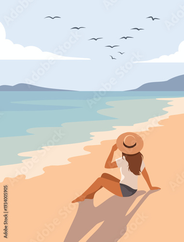 Vector illustration woman or girl on vacation, sitting, sunbathing in a hat on the beach. Seagulls fly in sky, sand, waves, sea. Ideal for travel, tourism, recreation, health, summer design projects
