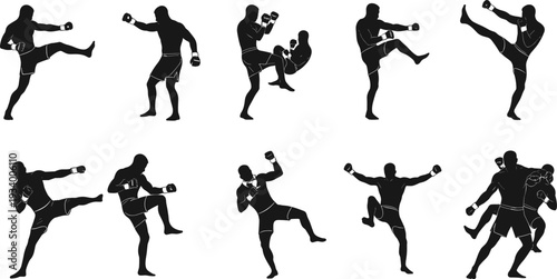 Silhouettes of kickboxers in various dynamic poses, including high kicks, punches, and sparring, for martial arts, fitness, and sport design on a white background