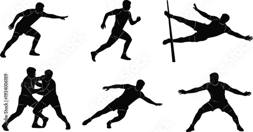 Silhouettes of male kabaddi players in various dynamic poses and actions, including running, tackling, and reaching, illustrating the contact sport's intensity