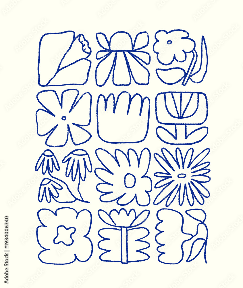 Fototapeta premium Floral poster, doodle scribble outline style. Freehand line sketch drawing, naive spring plant composition. Modern flower pattern, abstract card design. Contoured linear hand-drawn vector illustration