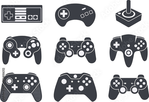 Collection of nine video game controllers in grid layout showcasing evolution of console design, ergonomics, technology, and gaming history across different generations in vector illustration