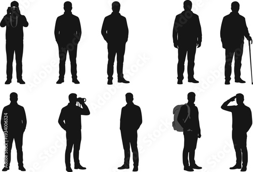 Silhouettes of men in various poses and activities, standing figures with camera, backpack, cane, vector illustration for design