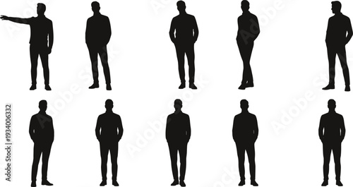 Silhouettes of men in various standing poses, casual and formal wear, vector illustration for design, character collection