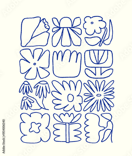 Wallpaper Mural Floral poster, doodle scribble outline style. Freehand line sketch drawing, naive spring plant composition. Modern flower pattern, abstract card design. Contoured linear hand-drawn vector illustration Torontodigital.ca