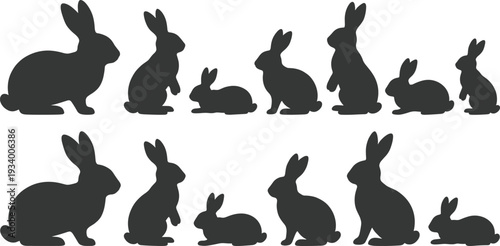 Collection of rabbit silhouettes in diverse postures including sitting, crouching, and mid-motion, perfect for wildlife illustrations, farm animal artwork, and educational vector graphics