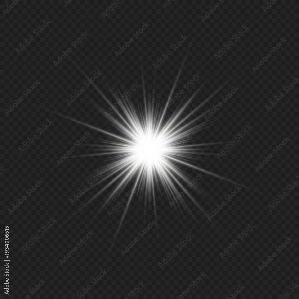 Obraz premium White stars with radiant rays glow vividly in dark or transparent space. Lens flare enhances magical and festive effects. Ideal for holiday illustrations and overlays.