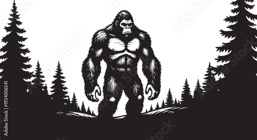 Mysterious bigfoot standing in forest sasquatch legend wild creature