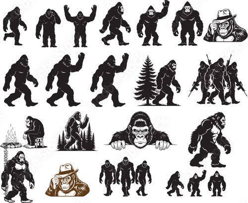 Bigfoot silhouettes collection various sasquatch and ape like creature illustrations